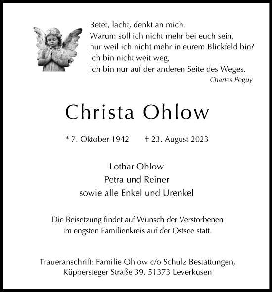 Anzeige von Christa Ohlow von Kölner Stadt-Anzeiger / Kölnische Rundschau / Express