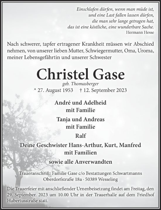 Anzeige von Christel Gase von  Schlossbote/Werbekurier 