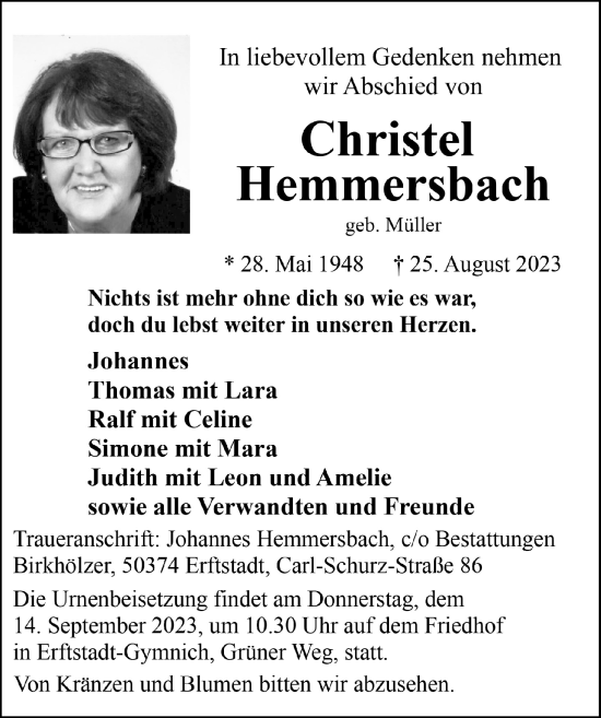 Anzeige von Christel Hemmersbach von  Wochenende  Werbepost 