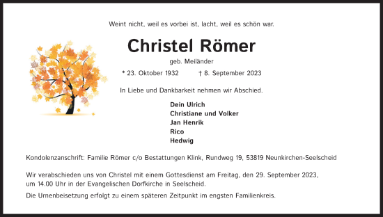 Anzeige von Christel Römer von Kölner Stadt-Anzeiger / Kölnische Rundschau / Express
