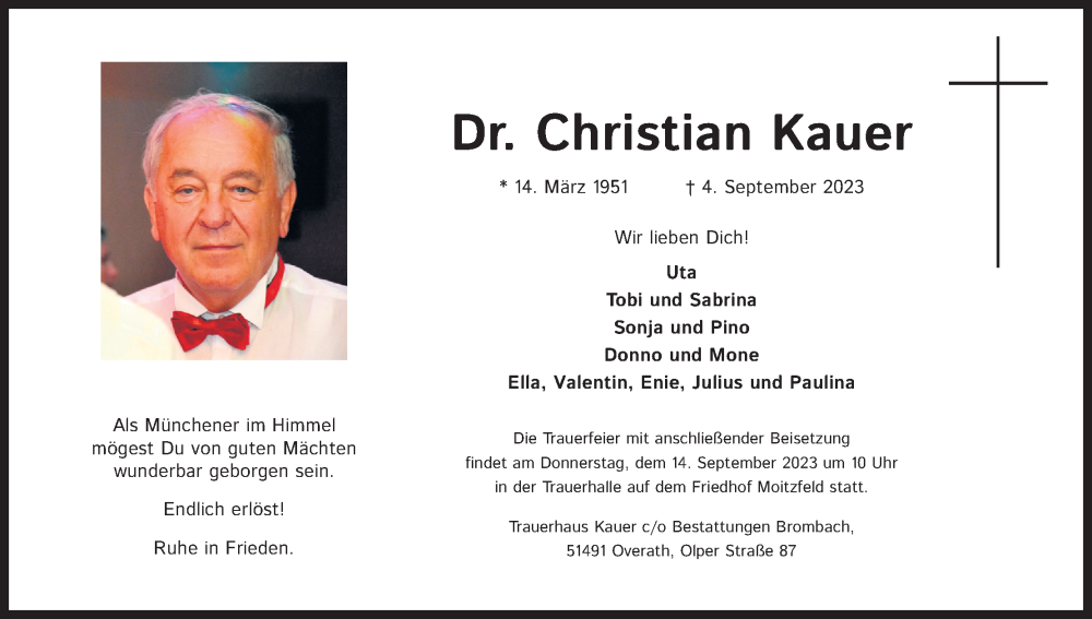  Traueranzeige für Christian Kauer vom 09.09.2023 aus Kölner Stadt-Anzeiger / Kölnische Rundschau / Express