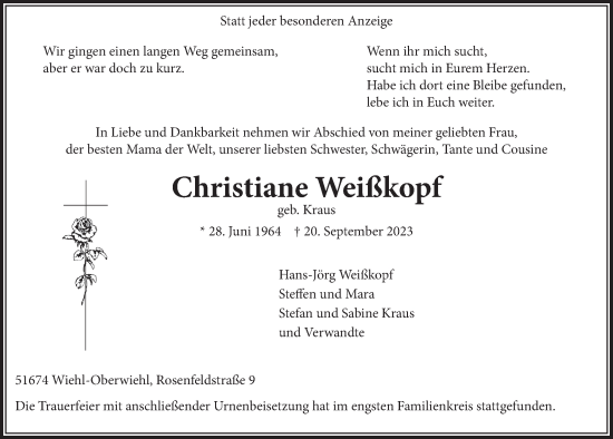 Anzeige von Christiane Weißkopf von  Anzeigen Echo 