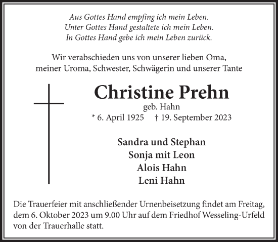 Anzeige von Christine Prehn von  Schlossbote/Werbekurier 