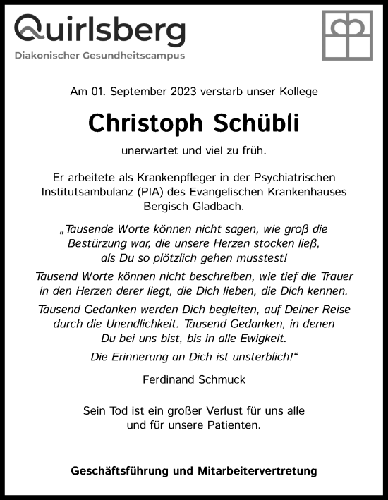 Anzeige von Christoph Schübli von Kölner Stadt-Anzeiger / Kölnische Rundschau / Express