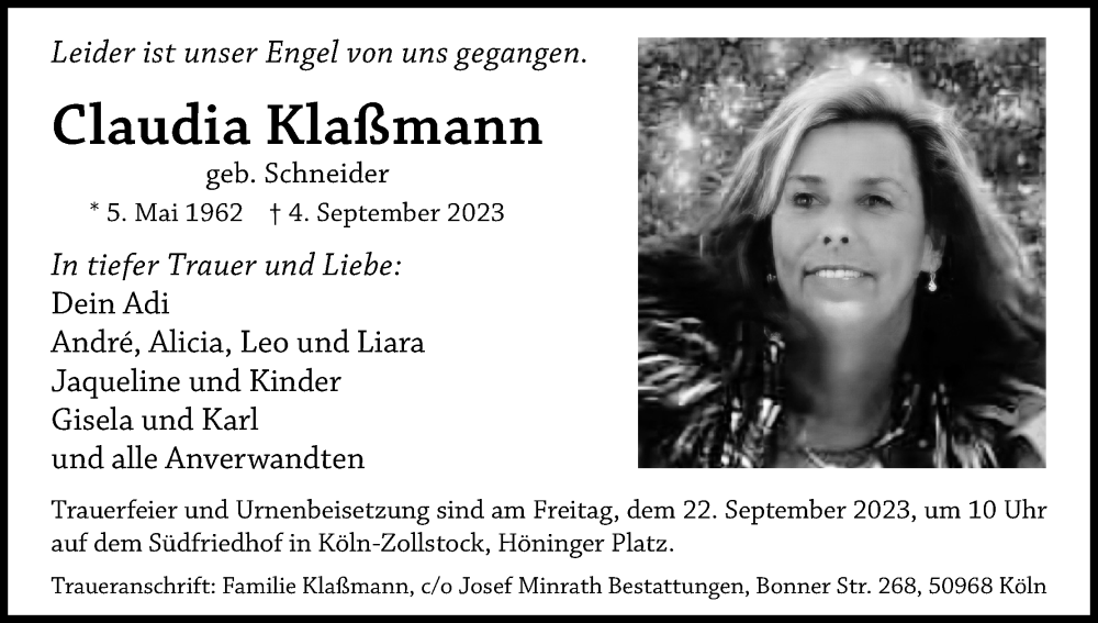  Traueranzeige für Claudia Klaßmann vom 09.09.2023 aus Kölner Stadt-Anzeiger / Kölnische Rundschau / Express