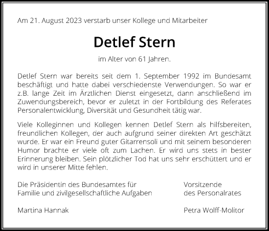Anzeige von Detlef Stern von Kölner Stadt-Anzeiger / Kölnische Rundschau / Express
