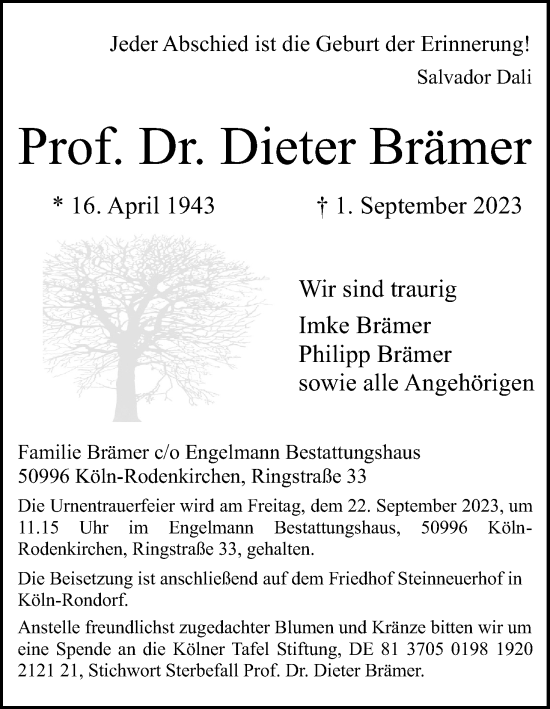 Anzeige von Dieter Brämer von Kölner Stadt-Anzeiger / Kölnische Rundschau / Express