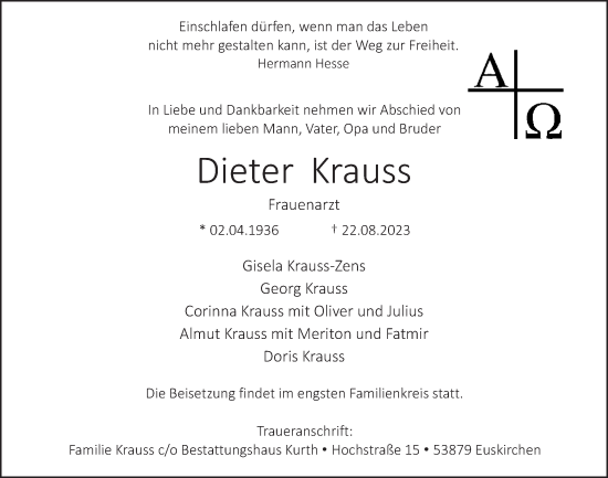 Anzeige von Dieter Krauss von  Schaufenster/Blickpunkt 
