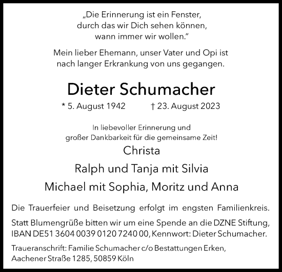 Anzeige von Dieter Schumacher von Kölner Stadt-Anzeiger / Kölnische Rundschau / Express