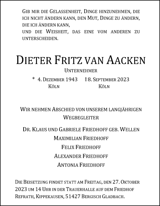 Anzeige von Dieter Fritz van Aacken von Kölner Stadt-Anzeiger / Kölnische Rundschau / Express