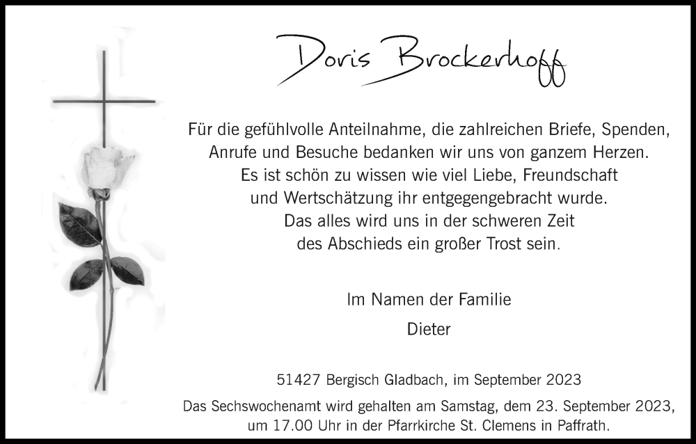  Traueranzeige für Doris Brockerhoff vom 16.09.2023 aus Kölner Stadt-Anzeiger / Kölnische Rundschau / Express