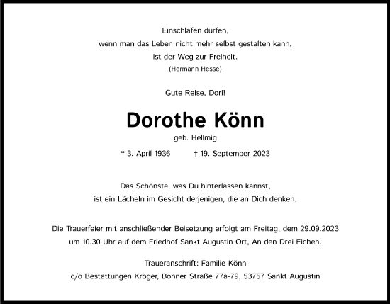 Anzeige von Dorothe Könn von Kölner Stadt-Anzeiger / Kölnische Rundschau / Express