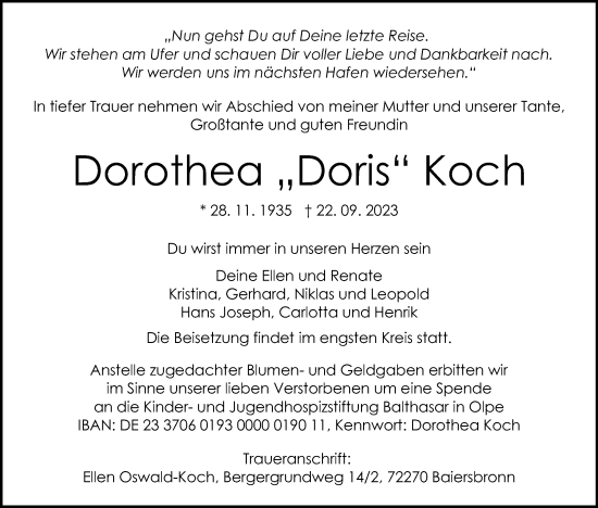 Anzeige von Dorothea Koch von Kölner Stadt-Anzeiger / Kölnische Rundschau / Express