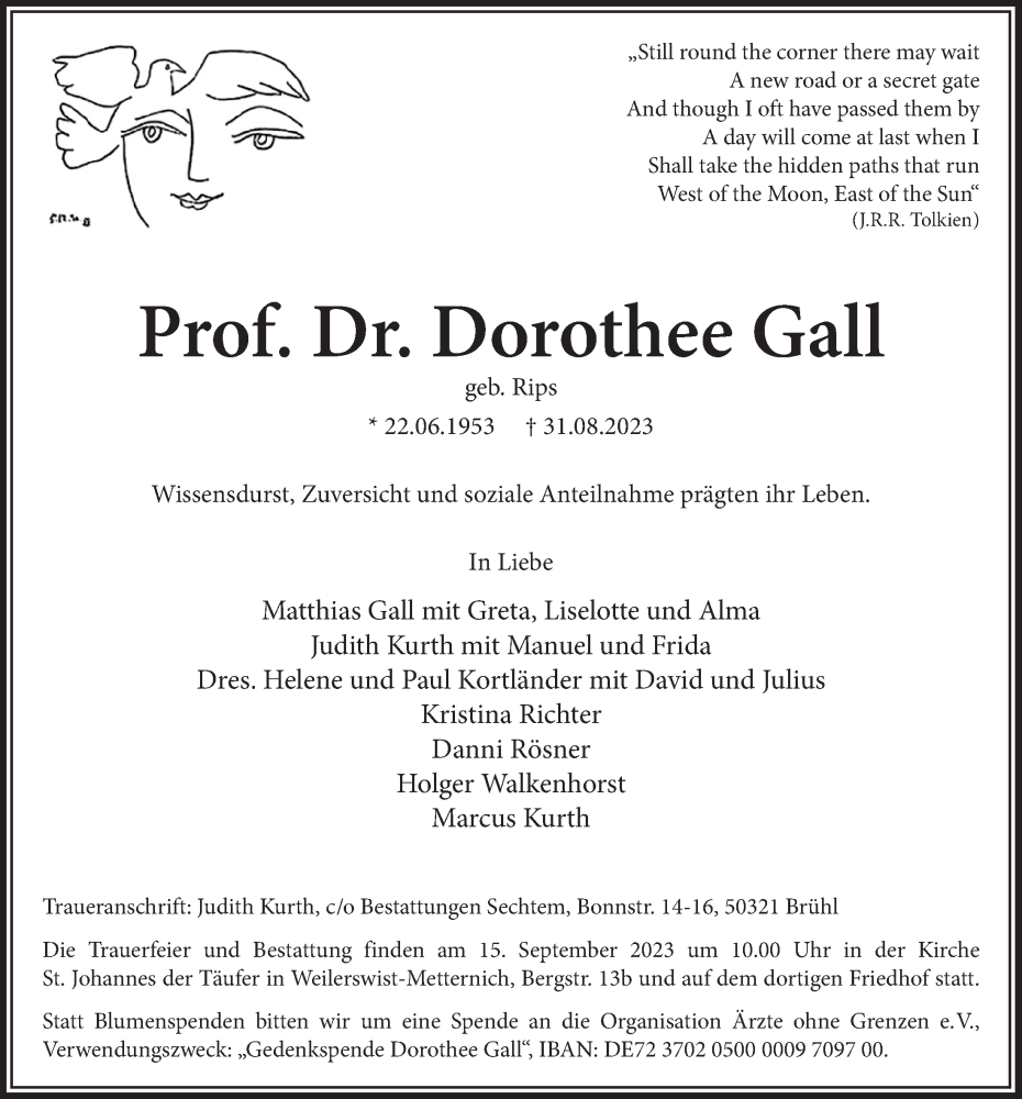  Traueranzeige für Dorothee Gall vom 09.09.2023 aus  Schlossbote/Werbekurier 