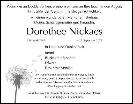 Anzeige von Dorothee Nickaes von Kölner Stadt-Anzeiger / Kölnische Rundschau / Express