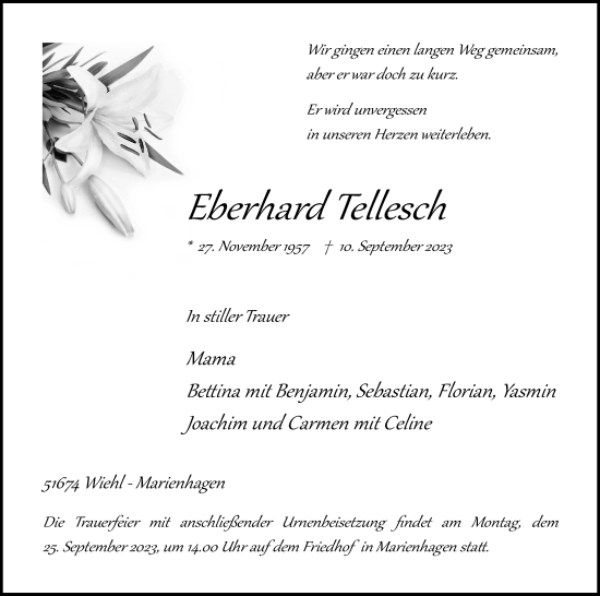 Anzeige von Eberhard Tellesch von Kölner Stadt-Anzeiger / Kölnische Rundschau / Express