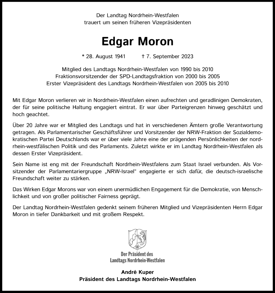  Traueranzeige für Edgar Moron vom 13.09.2023 aus Kölner Stadt-Anzeiger / Kölnische Rundschau / Express