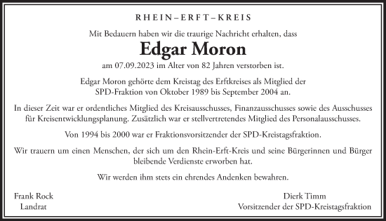 Anzeige von Edgar Moron von  Wochenende  Schlossbote/Werbekurier  Werbepost 