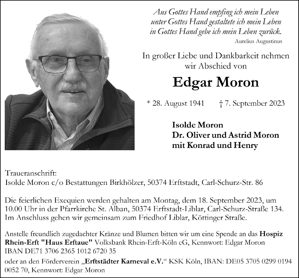  Traueranzeige für Edgar Moron vom 15.09.2023 aus  Werbepost 