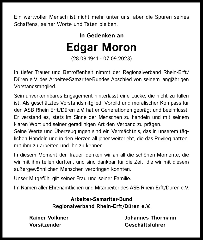  Traueranzeige für Edgar Moron vom 14.09.2023 aus Kölner Stadt-Anzeiger / Kölnische Rundschau / Express