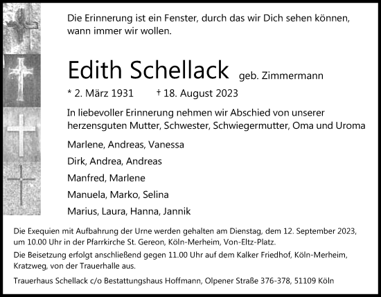 Anzeige von Edith Schellack von Kölner Stadt-Anzeiger / Kölnische Rundschau / Express