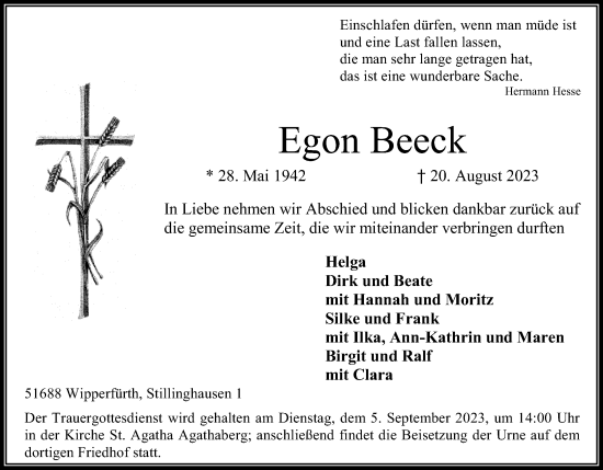 Anzeige von Egon Beeck von Kölner Stadt-Anzeiger / Kölnische Rundschau / Express