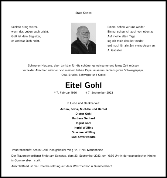 Anzeige von Eitel Gohl von Kölner Stadt-Anzeiger / Kölnische Rundschau / Express