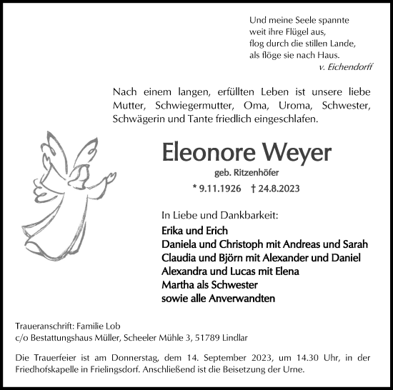 Anzeige von Eleonore Weyer von Kölner Stadt-Anzeiger / Kölnische Rundschau / Express