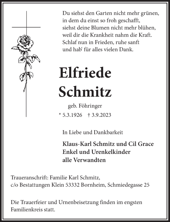 Anzeige von Elfriede Schmitz von  Schaufenster/Blickpunkt 