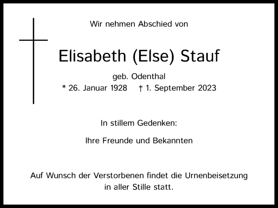 Anzeige von Elisabeth Stauf von Kölner Stadt-Anzeiger / Kölnische Rundschau / Express