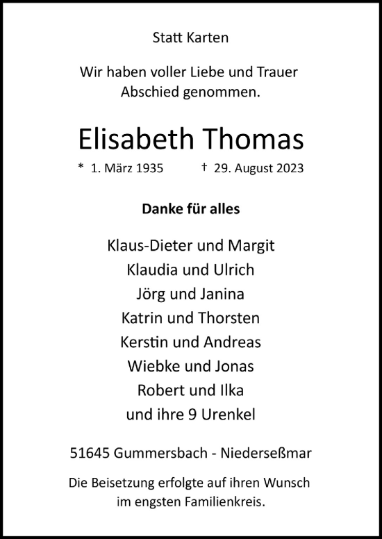 Anzeige von Elisabeth Thomas von  Anzeigen Echo 