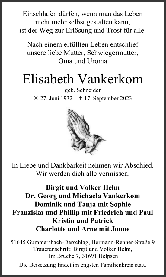 Anzeige von Elisabeth Vankerkom von Kölner Stadt-Anzeiger / Kölnische Rundschau / Express