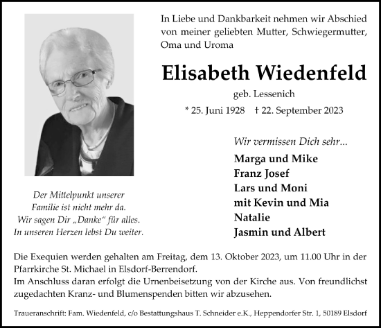 Anzeige von Elisabeth Wiedenfeld von  Werbepost 