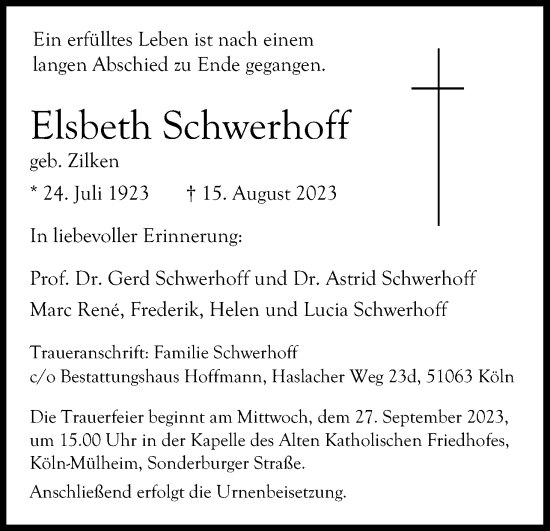 Anzeige von Elsbeth Schwerhoff von Kölner Stadt-Anzeiger / Kölnische Rundschau / Express