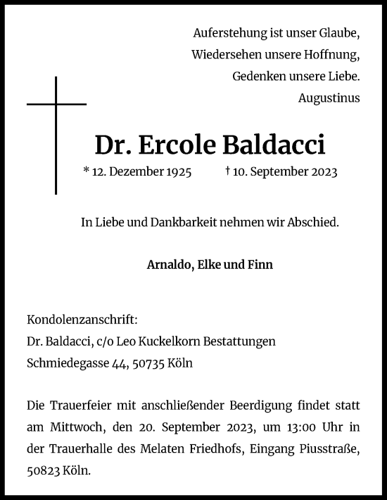 Anzeige von Ercole Baldacci von Kölner Stadt-Anzeiger / Kölnische Rundschau / Express