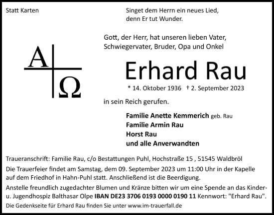 Anzeige von Erhard Rau von  Lokalanzeiger 