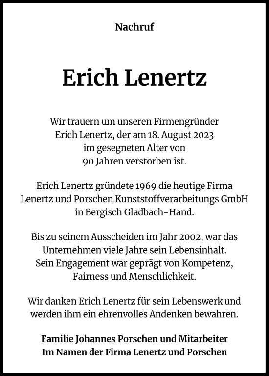 Anzeige von Erich Lenertz von Kölner Stadt-Anzeiger / Kölnische Rundschau / Express