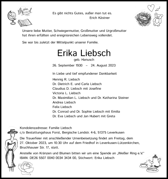 Anzeige von Erika Liebsch von Kölner Stadt-Anzeiger / Kölnische Rundschau / Express