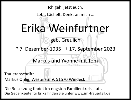 Anzeige von Erika Weinfurtner von  Lokalanzeiger 