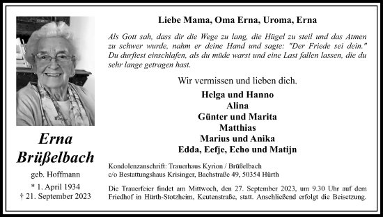 Anzeige von Erna Brüßelbach von Kölner Stadt-Anzeiger / Kölnische Rundschau / Express
