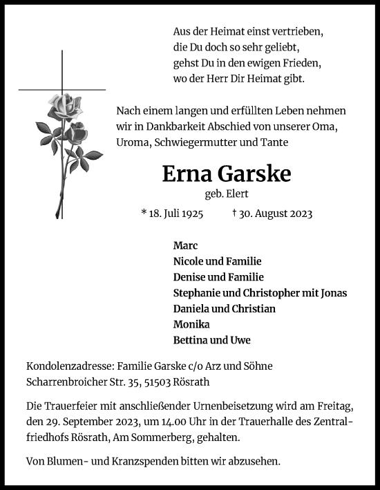 Anzeige von Erna Garske von Kölner Stadt-Anzeiger / Kölnische Rundschau / Express