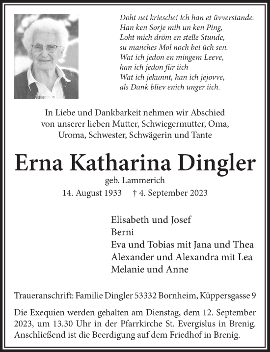 Anzeige von Erna Katharina Dingler von  Schaufenster/Blickpunkt 