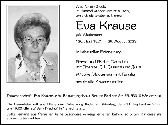 Anzeige von Eva Krause von Kölner Stadt-Anzeiger / Kölnische Rundschau / Express