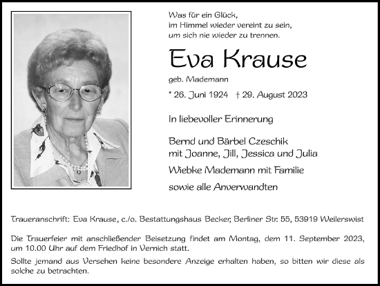 Anzeige von Eva Krause von  Blickpunkt Euskirchen 