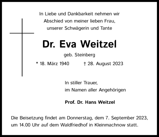 Anzeige von Eva Weitzel von Kölner Stadt-Anzeiger / Kölnische Rundschau / Express