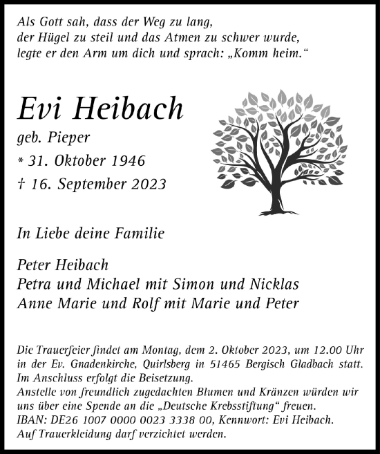 Anzeige von Evi Heibach von  Bergisches Handelsblatt 