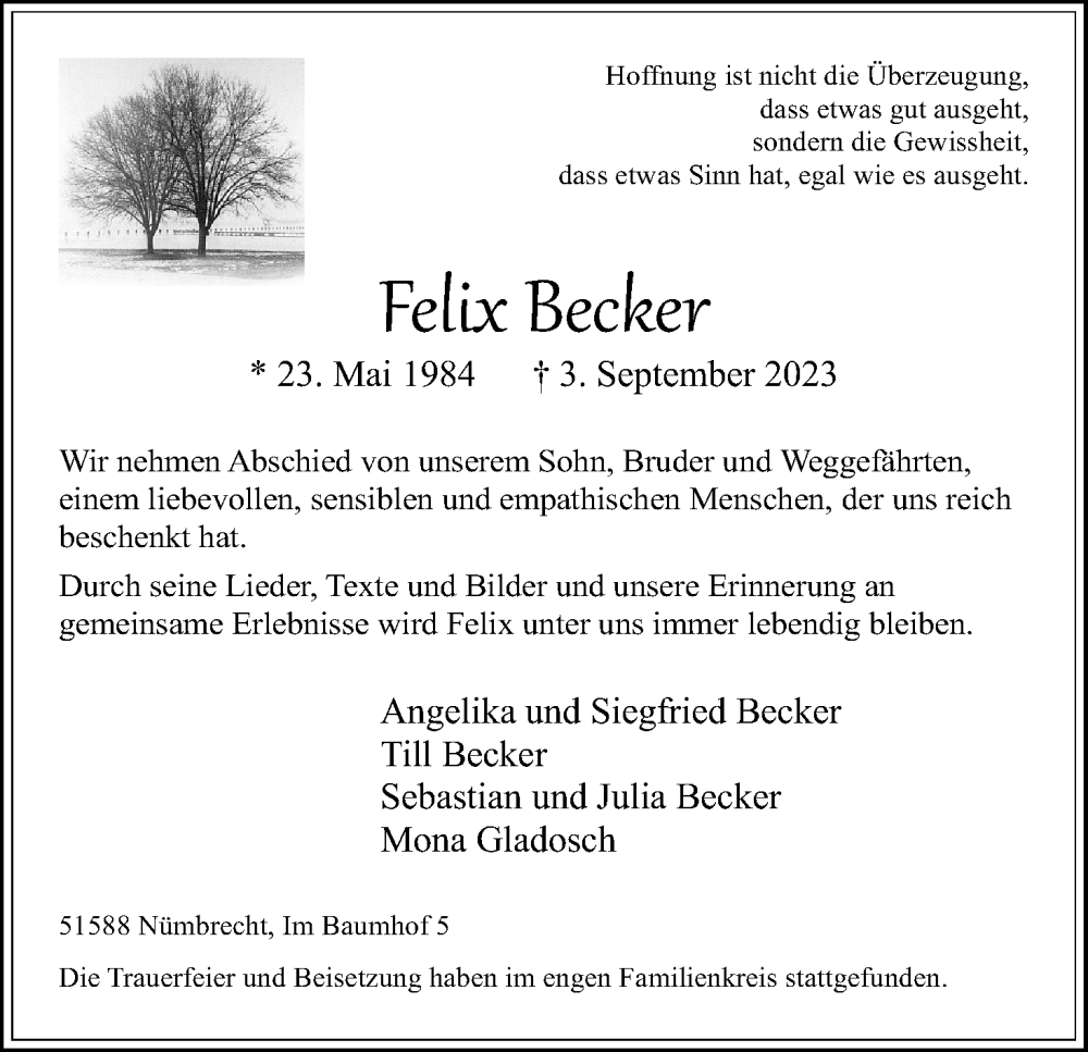  Traueranzeige für Felix Becker vom 23.09.2023 aus Kölner Stadt-Anzeiger / Kölnische Rundschau / Express