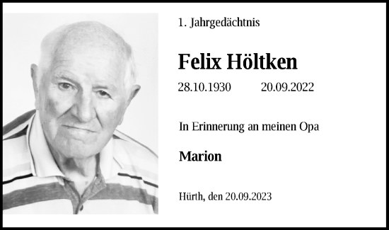Anzeige von Felix Höltken von Kölner Stadt-Anzeiger / Kölnische Rundschau / Express