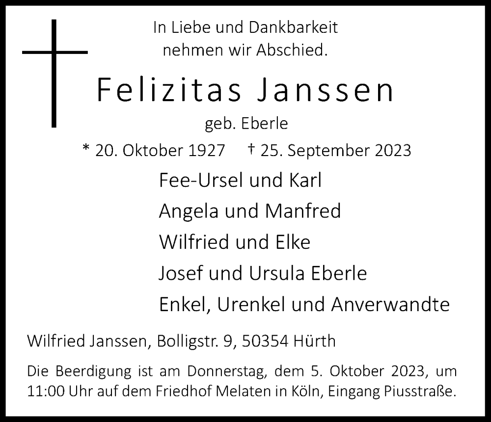  Traueranzeige für Felizitas Janssen vom 30.09.2023 aus Kölner Stadt-Anzeiger / Kölnische Rundschau / Express
