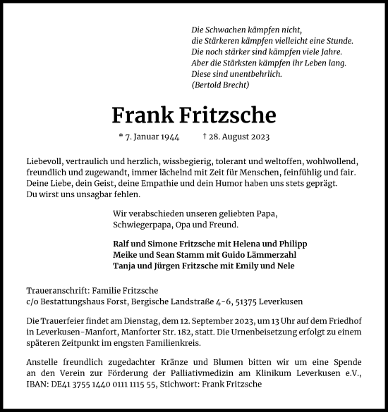 Anzeige von Frank Fritzsche von Kölner Stadt-Anzeiger / Kölnische Rundschau / Express